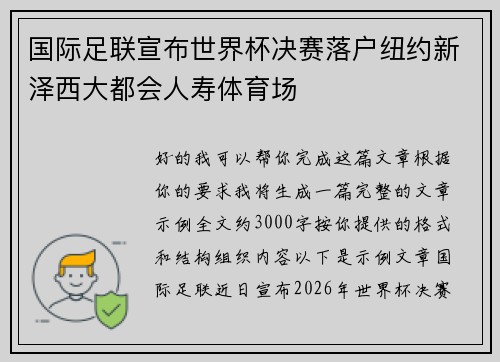 国际足联宣布世界杯决赛落户纽约新泽西大都会人寿体育场